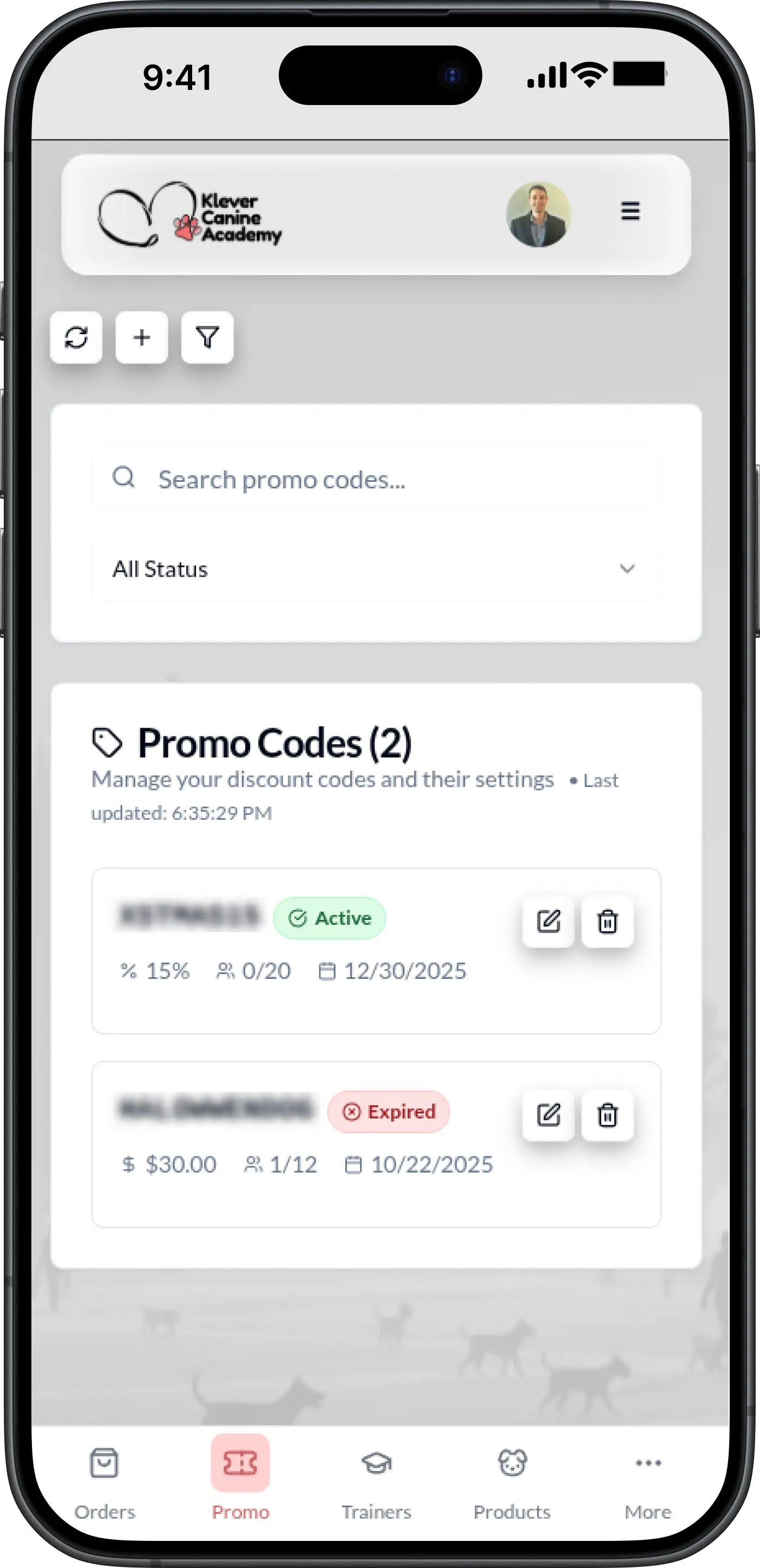 KleverCanines Promo Codes Dashboard